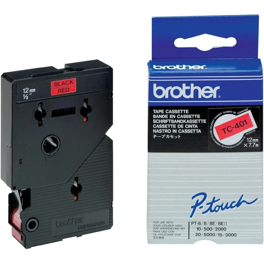 Fita laminada Brother TC-401 12mm preto sobre vermelho 7,7m P-Touch - Imagem 1