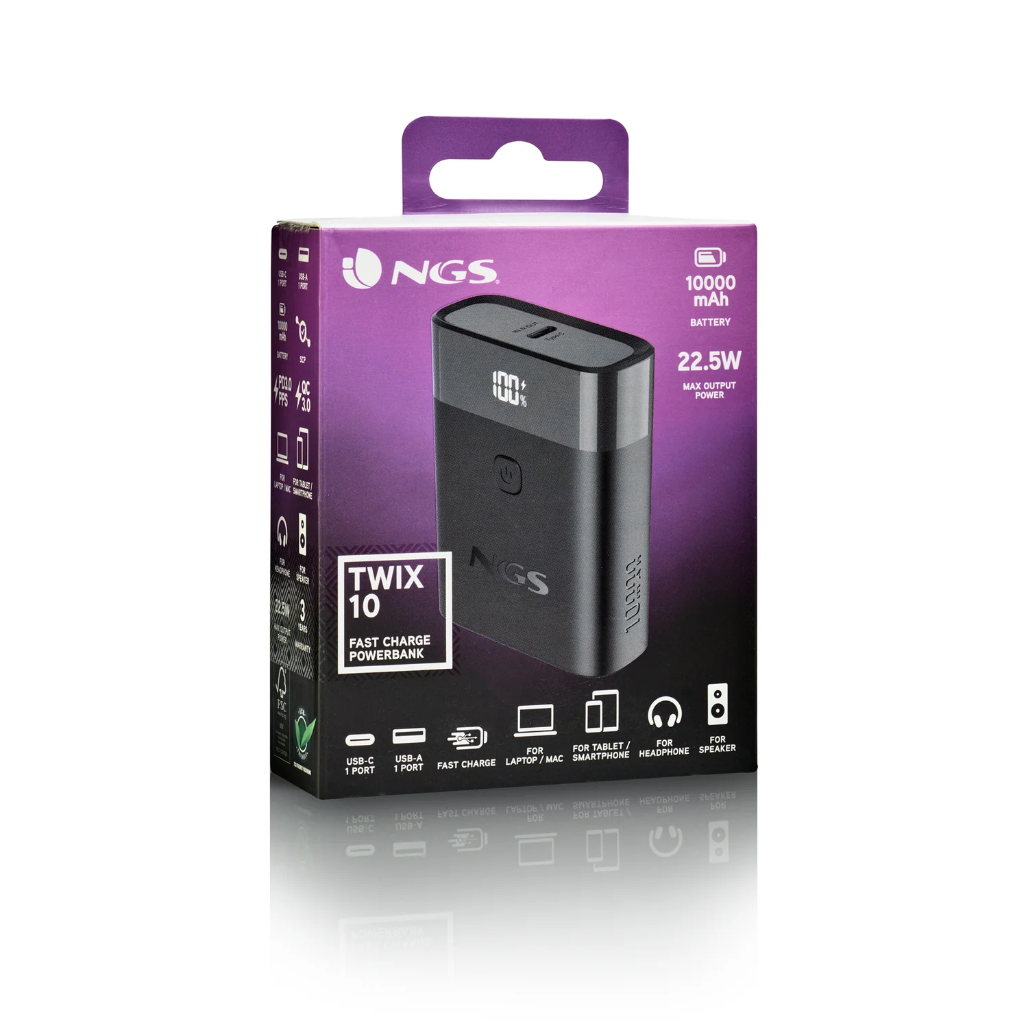 Power Bank NGS Twix 10 10000mAh 22,5W USB-C + USB-A com Visor LED Preto - Imagem 7
