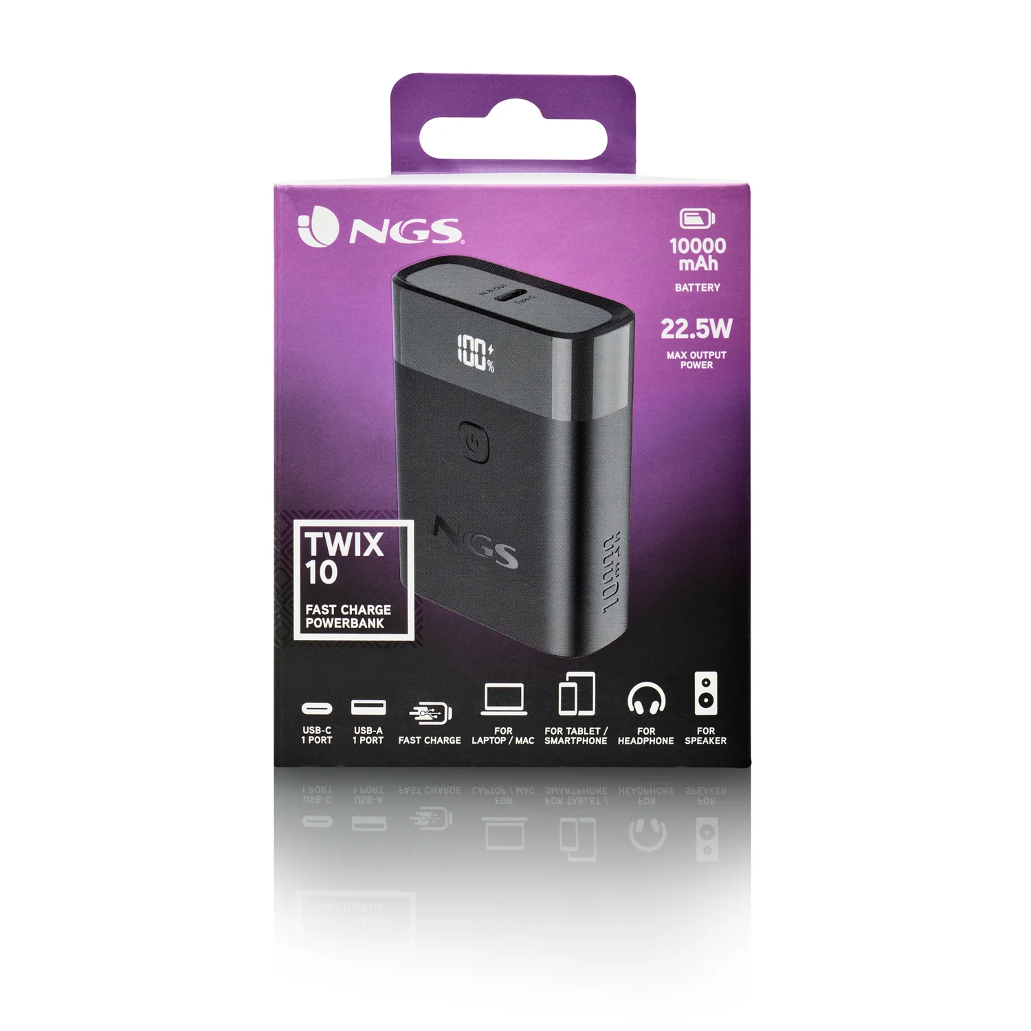 Power Bank NGS Twix 10 10000mAh 22,5W USB-C + USB-A com Visor LED Preto - Imagem 8