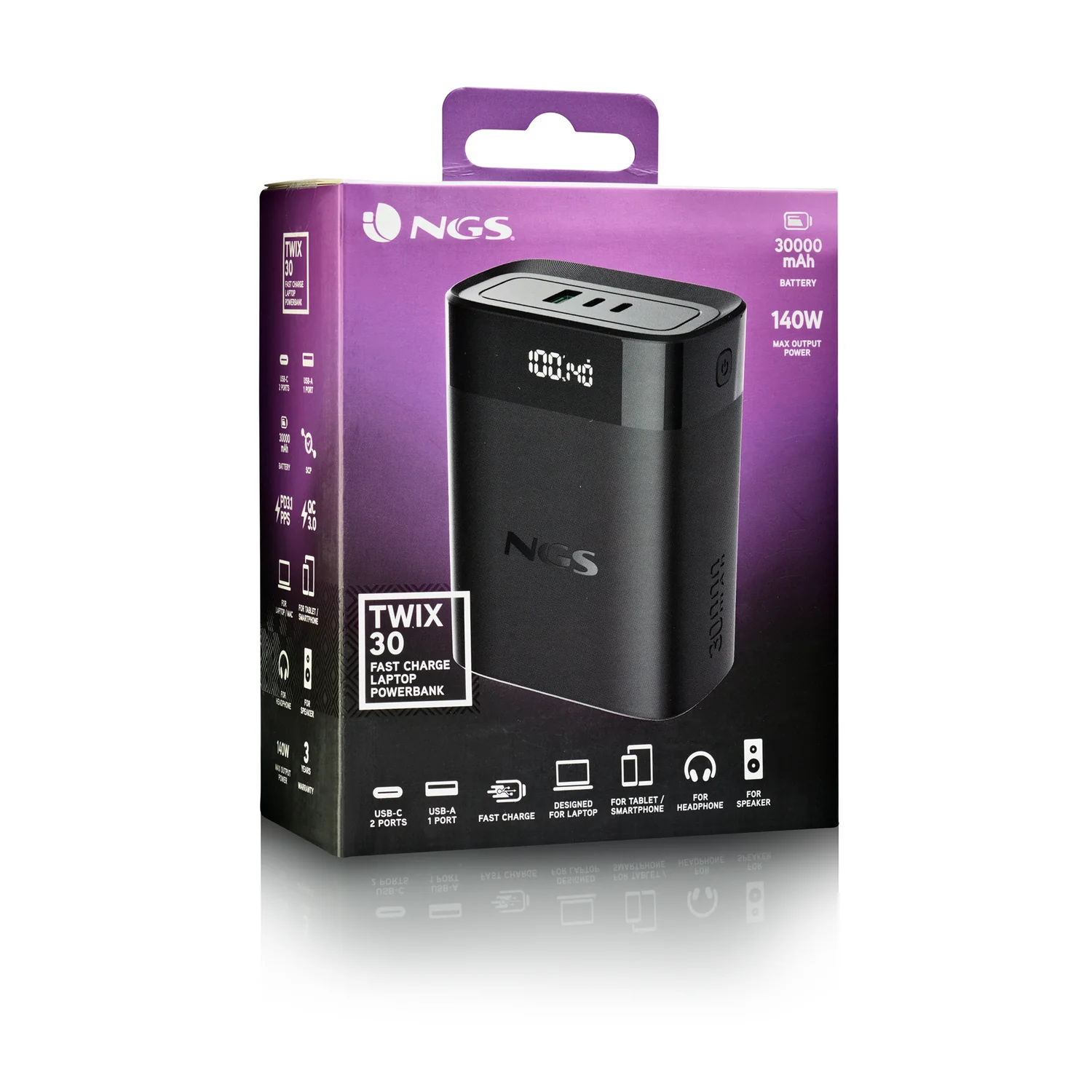 Powerbank NGS Twix 30 30000mAh 140W PD 3.1 2x USB-C + USB-A Ecra LED Carga Rapida Preto - Imagem 7