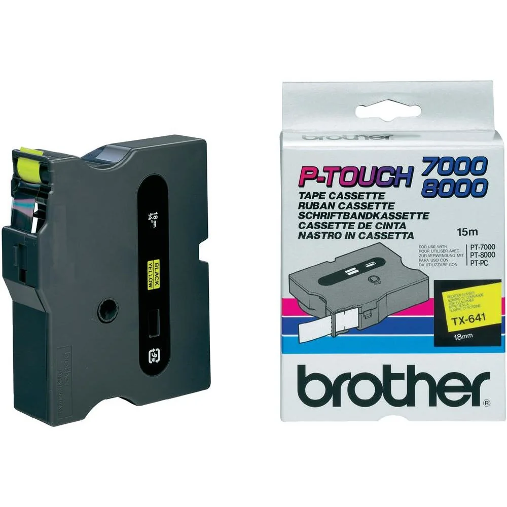 Fita laminada Brother TX-641 18mm preto sobre amarelo 15m para PT-7000/8000