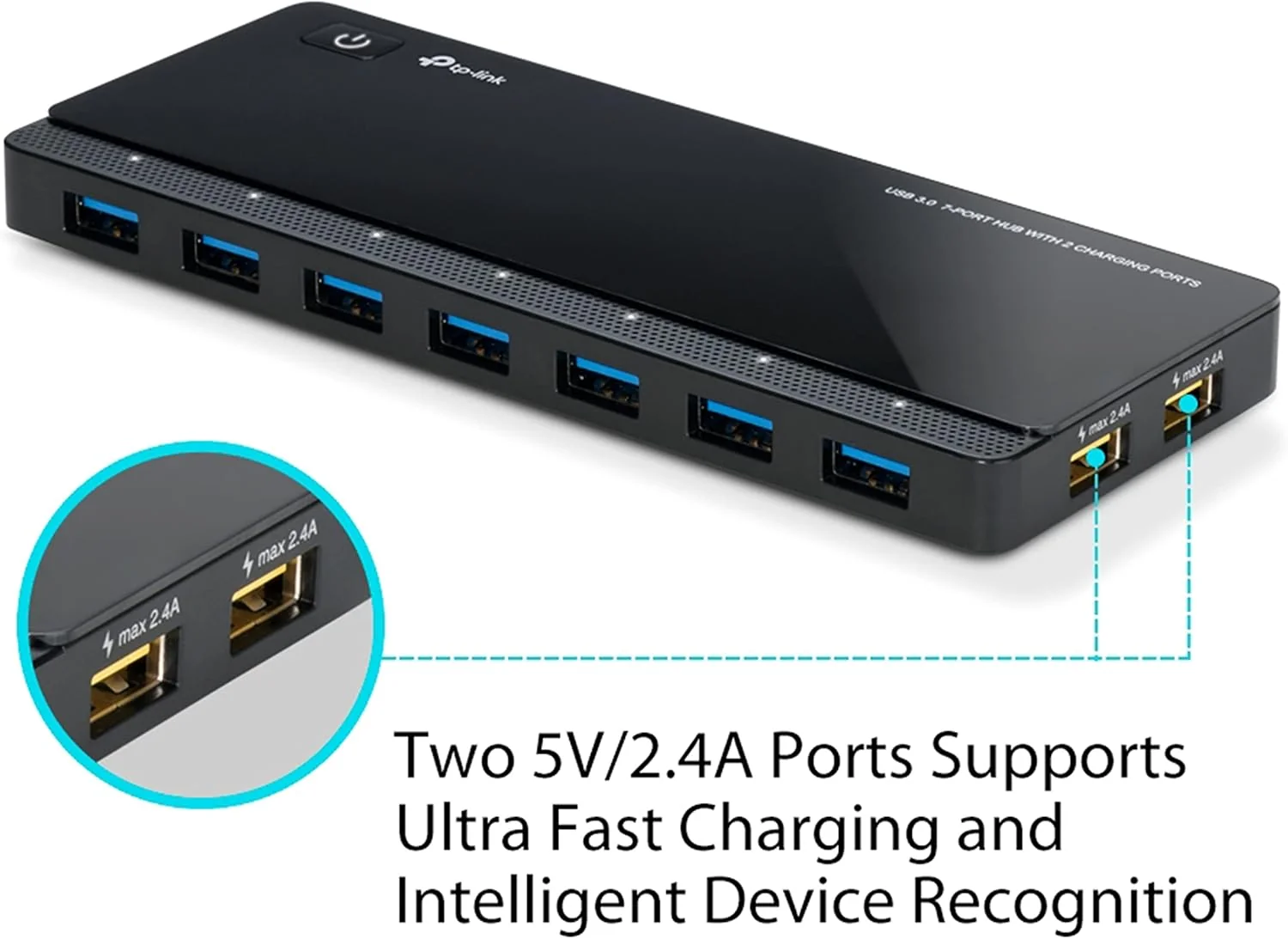 Hub USB TP-Link 7 Portas USB 3.0 + 2 Portas de Carregamento 2.4A com Adaptador 12V/4A Preto - Imagem 2