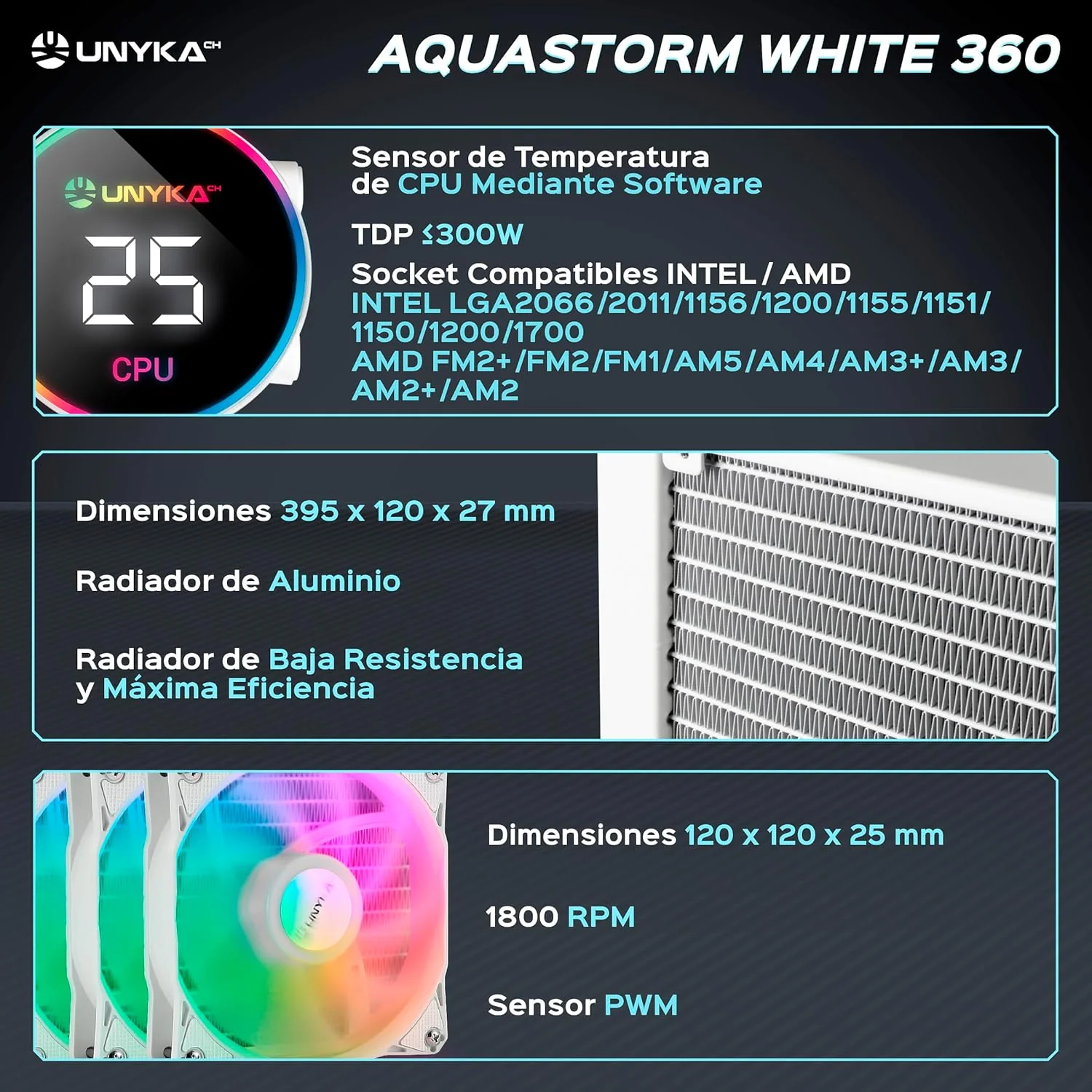Watercooler UNYKAch AQUASTORM 360 Kit de Refrigeração Líquida para Processador Branco - Imagem 2