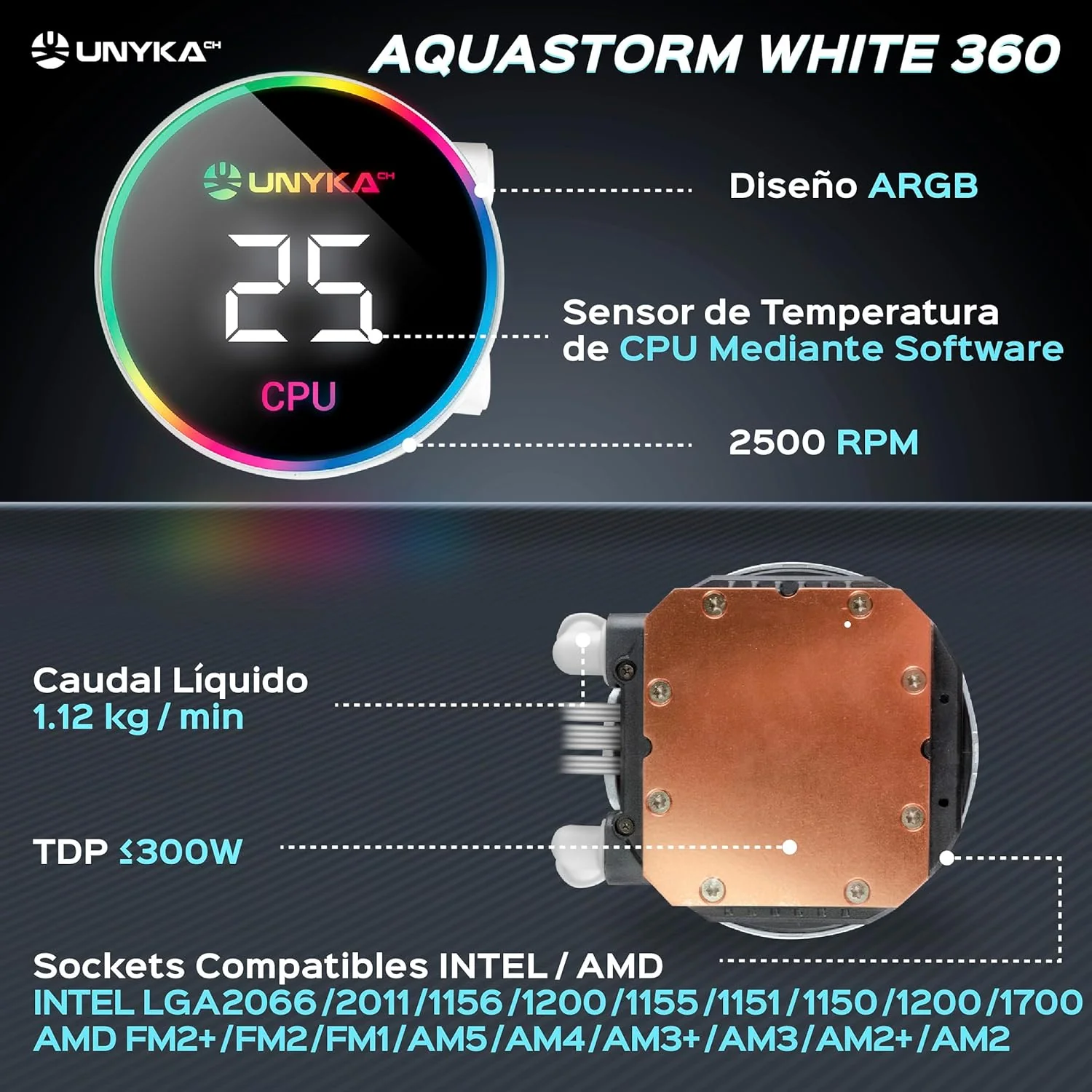 Watercooler UNYKAch AQUASTORM 360 Kit de Refrigeração Líquida para Processador Branco - Imagem 5