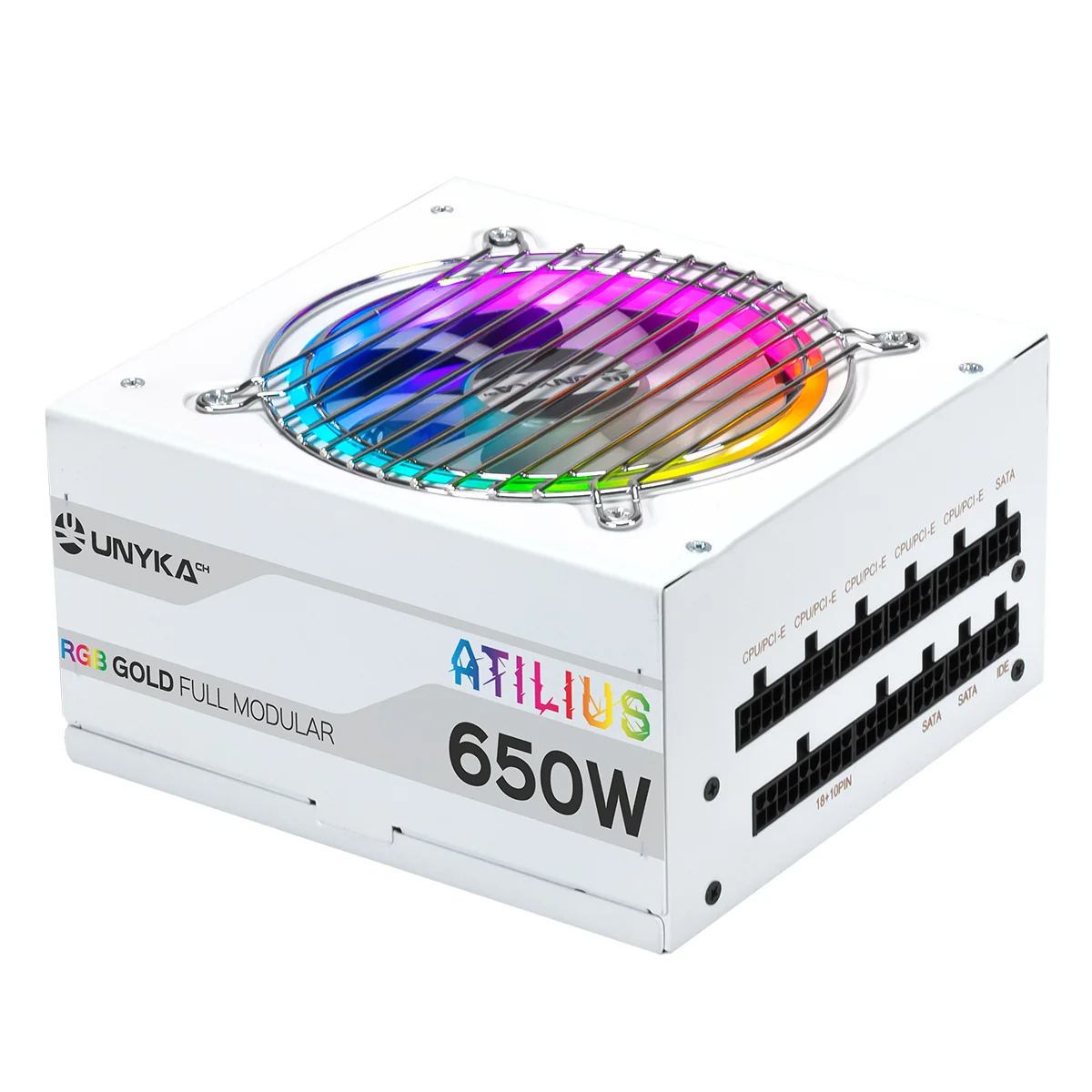Fonte de alimentação UNYKAch Atilius RGB 650W branca 80 Plus Gold full modular