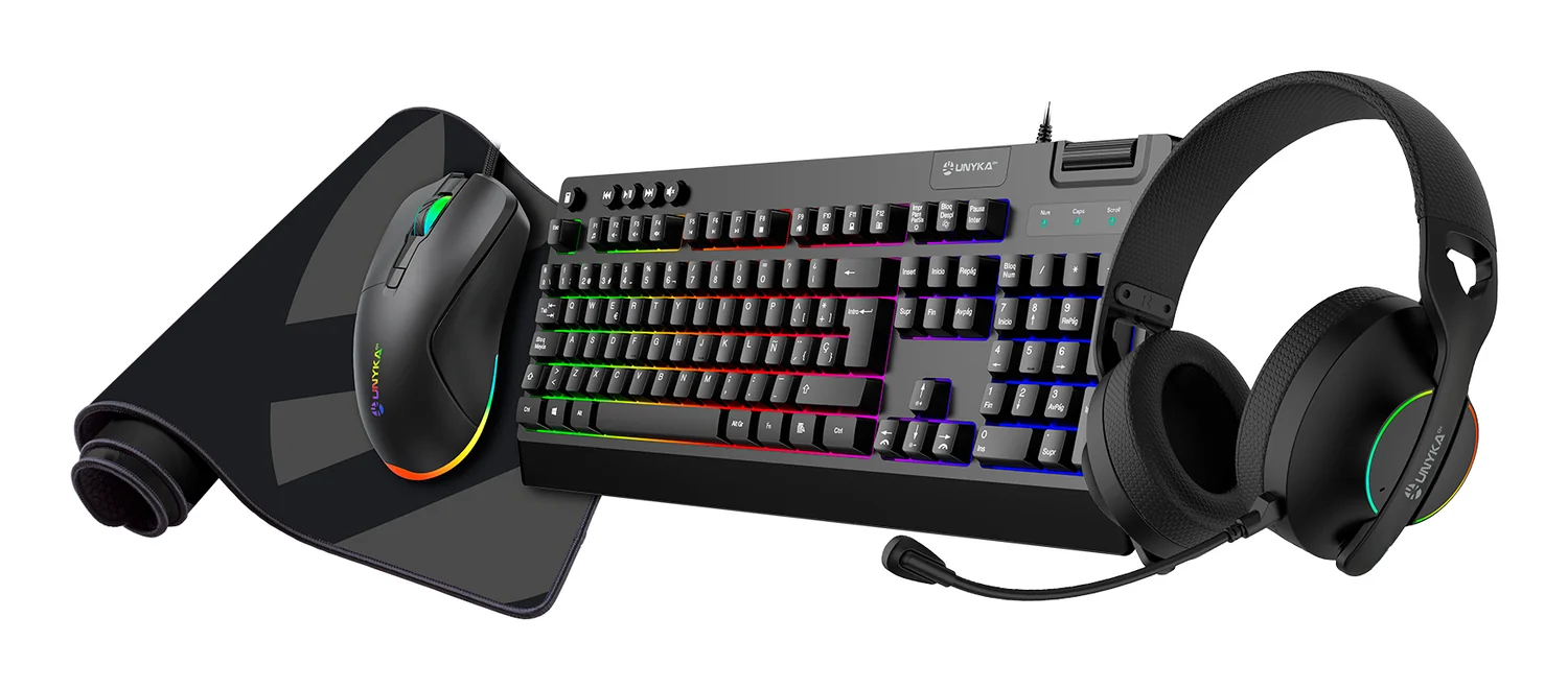 Pack Gaming 4 em 1 UNYKAch Nova - Teclado + Rato + Auscultadores + Tapete PT