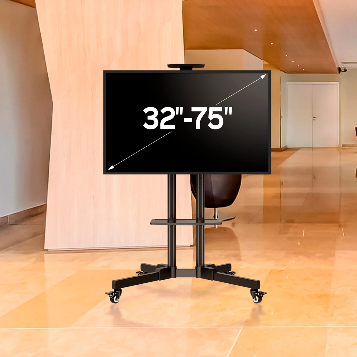 Suporte de Chão UNYKAch UK501 para TV/Monitor 32" a 75" até 45kg Móvel com Rodas e Tabuleiros Preto - Imagem 2