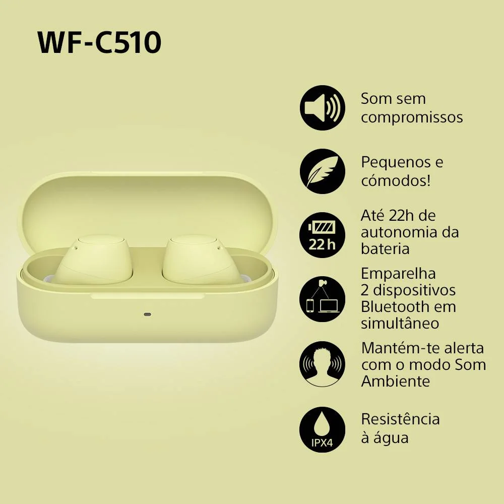 Auriculares True Wireless Sony WF-C510 Amarelo Bluetooth DSEE Multipoint Leves Compactos - Imagem 10