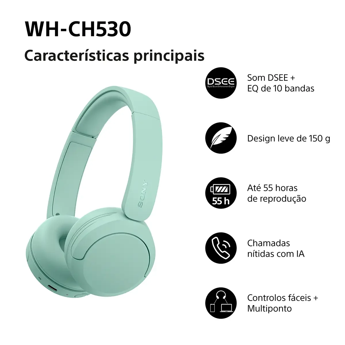 Auscultadores Sony WH-CH530G Bluetooth Headband Autonomia 55h DSEE Ligação Multiponto Verde - Imagem 2