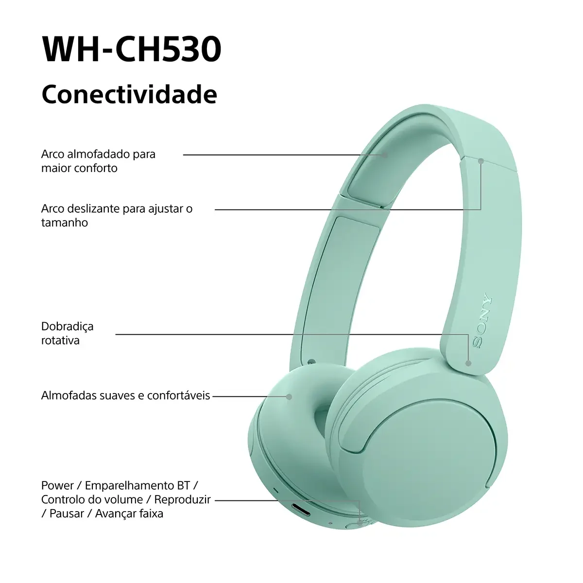 Auscultadores Sony WH-CH530G Bluetooth Headband Autonomia 55h DSEE Ligação Multiponto Verde - Imagem 8