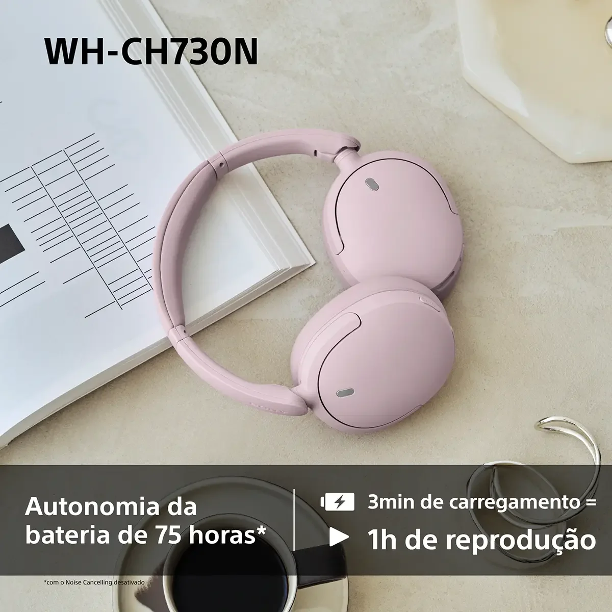 Auscultadores Bluetooth Sony WH-CH730NC Noise Cancelling 50h Autonomia DSEE Ligação Multiponto Bege - Imagem 6