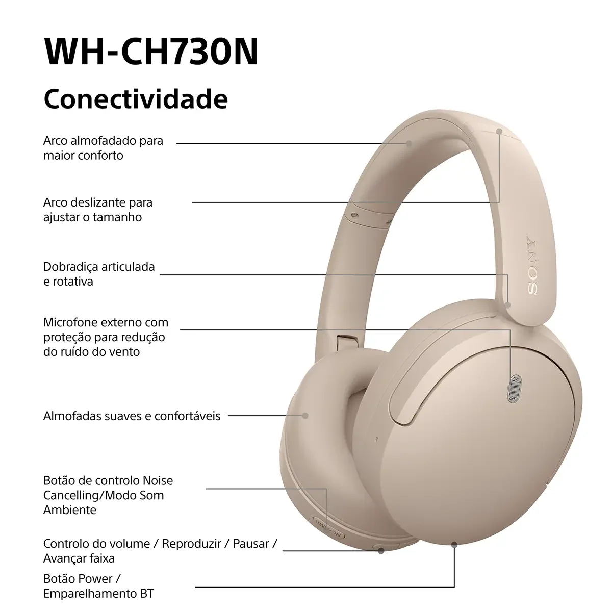 Auscultadores Bluetooth Sony WH-CH730NC Noise Cancelling 50h Autonomia DSEE Ligação Multiponto Bege - Imagem 9