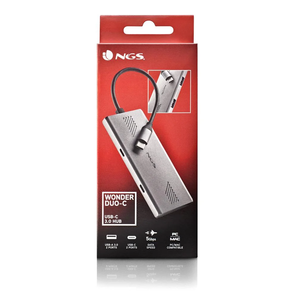 Hub USB-C NGS WonderDuo-C 4 Portas (2x USB-A 3.0 + 2x USB-C) 5Gbps Alumínio Prateado - Imagem 7