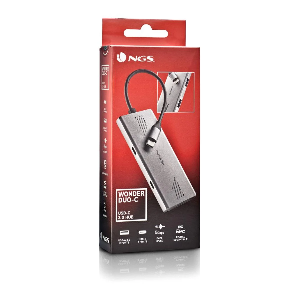 Hub USB-C NGS WonderDuo-C 4 Portas (2x USB-A 3.0 + 2x USB-C) 5Gbps Alumínio Prateado - Imagem 8