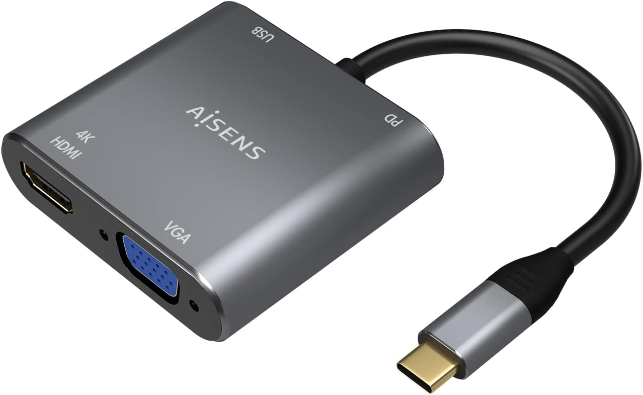 Conversor Aisens A109-0626/ HDMI Fêmea - VGA Fêmea - USB Tipo-C Macho - USB Fêmea - USB Tipo-C Fêmea/ 15cm/ Cinzento