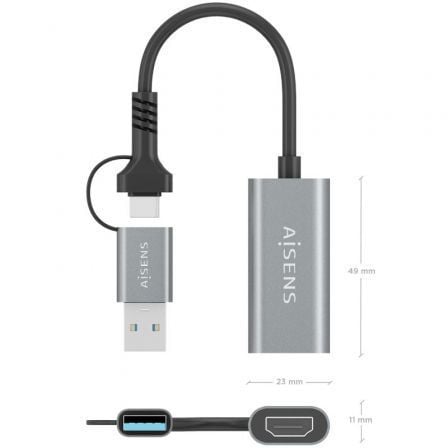 Conversor HDMI Aisens A109-0913/ USB + USB Tipo-C 3.1 Macho - HDMI Macho/ 15cm/ Cinzento - Imagem 4