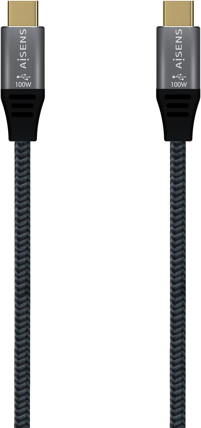 Cabo USB 3.2 Tipo-C Aisens A107-0634 20GBPS 5A 100W/ USB Tipo-C Macho - USB Tipo-C Macho/ Até 100W/ 2500Mbps/ 2m/ Cinzento
