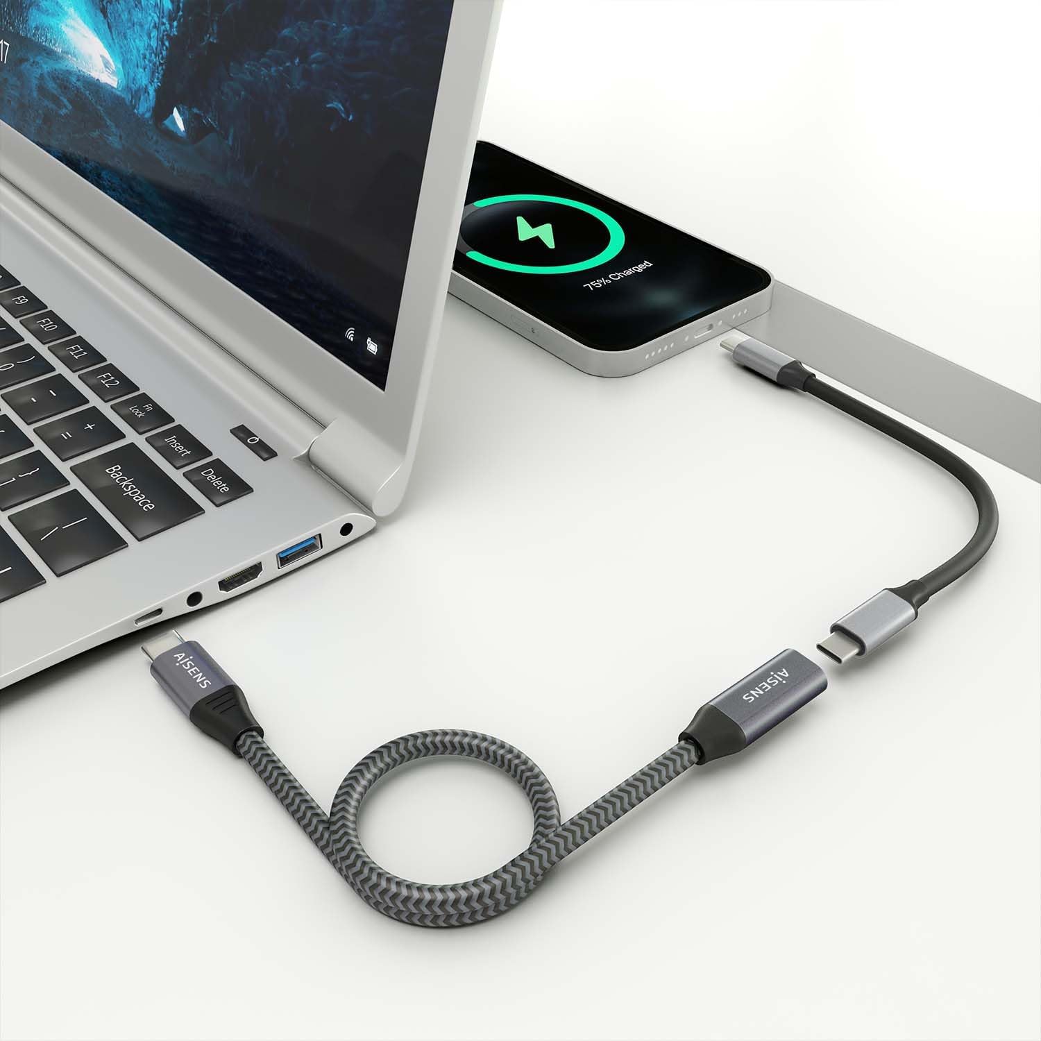 Cabo Extensor USB 3.2 Aisens A107-0760/ USB Tipo-C Macho - USB Tipo-C Fêmea/ Até 100W/ 20Gbps/ 50cm/ Cinzento - Imagem 4