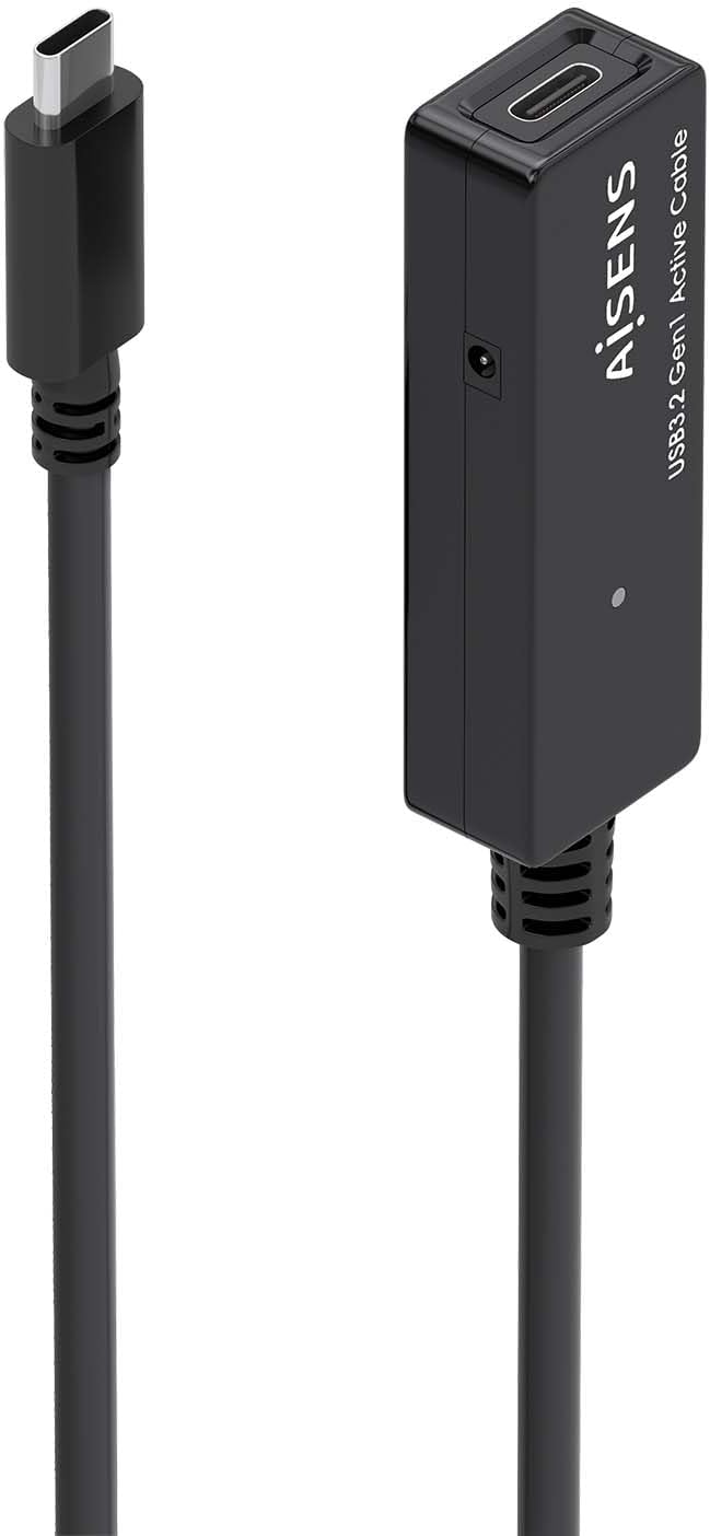 Cabo de Extensão USB 3.2 com Amplificador Aisens A107-0869/ USB Tipo-C Macho - USB Tipo-C Fêmea/ Até 100W/ 20Gbps/ 5m/ Preto