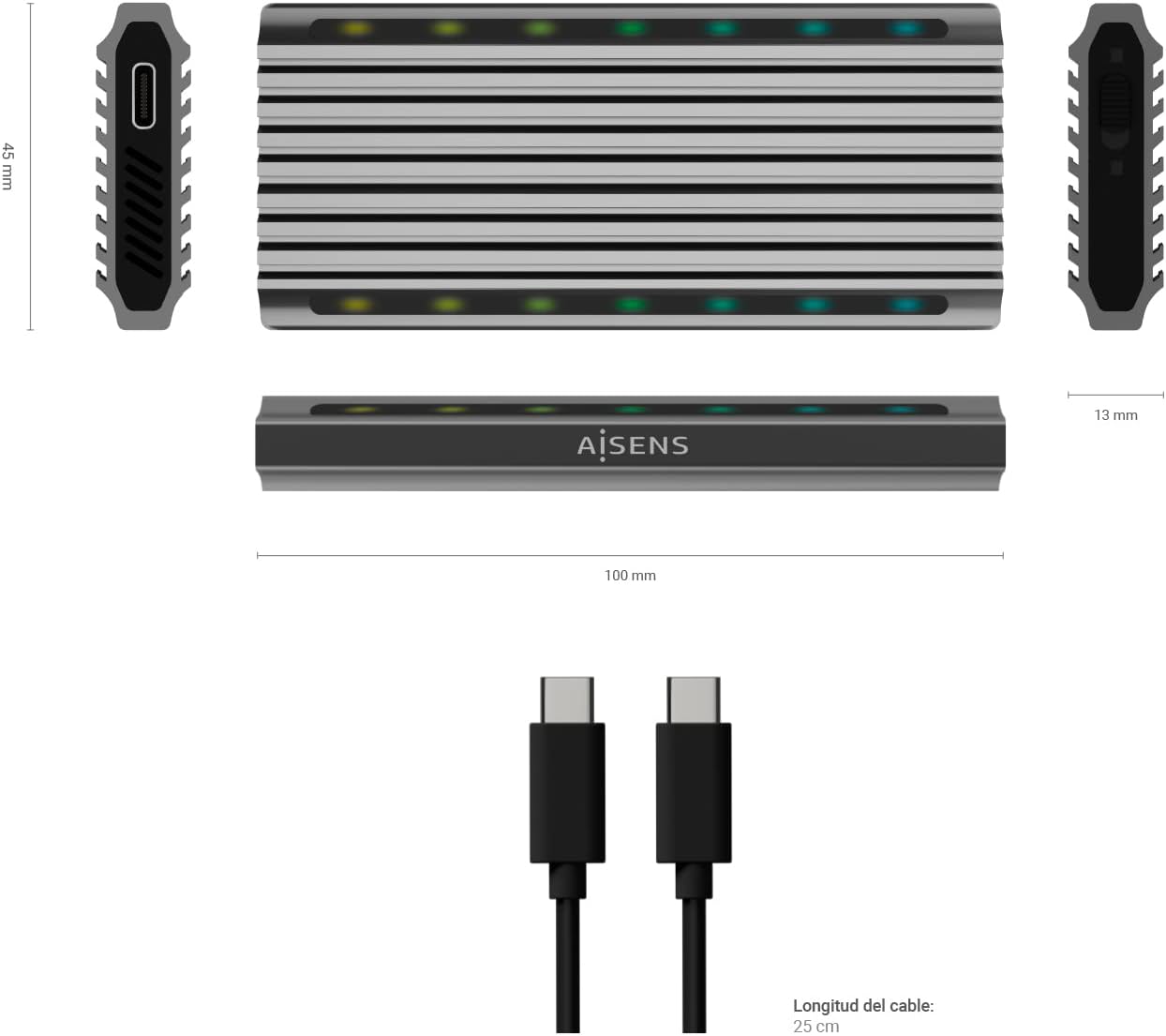 Capa Externa para Disco SSD M.2 SATA/NVMe Aisens ASM2-RGB011GR/ USB 3.2 Gen2/ Sem Parafusos - Imagem 4