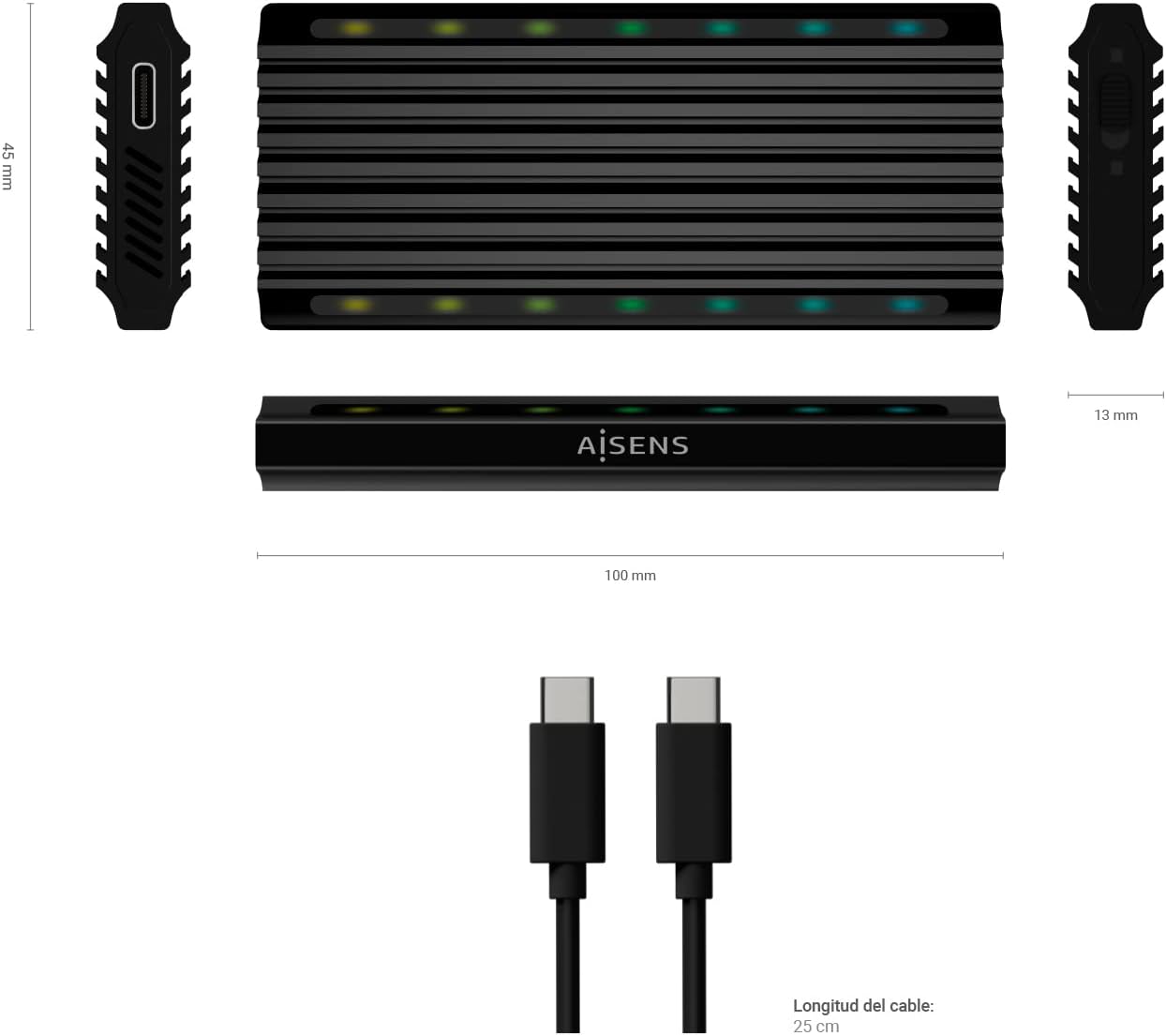 Caixa Externa para Disco SSD M.2 SATA/NVMe Aisens ASM2-RGB012B/ USB 3.2/ Sem Parafusos - Imagem 4