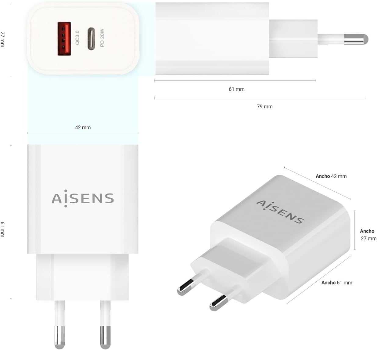 Carregador de Parede Aisens A110-0681/ 1xUSB Tipo-C/ 1xUSB/ 20W - Imagem 3