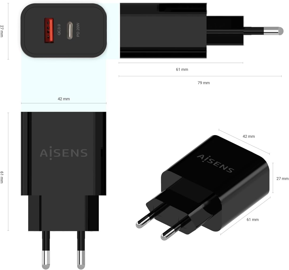 Carregador de Parede Aisens A110-0682/ 1x USB Tipo-C/ 1x USB/ 20W - Imagem 3