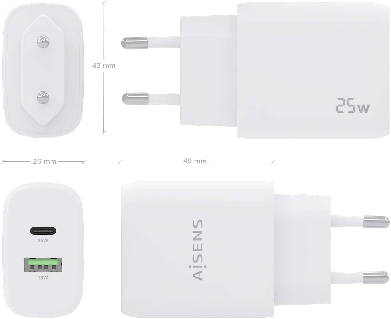 Carregador de Parede Aisens A110-0758/ 1xUSB Tipo-C/ 1xUSB/ 25W - Imagem 4