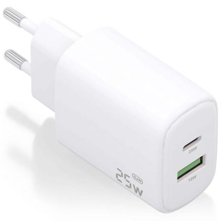 Carregador de Parede GaN Aisens A110-0911/ 1xUSB Tipo-C/ 1xUSB/ 25W/ Branco