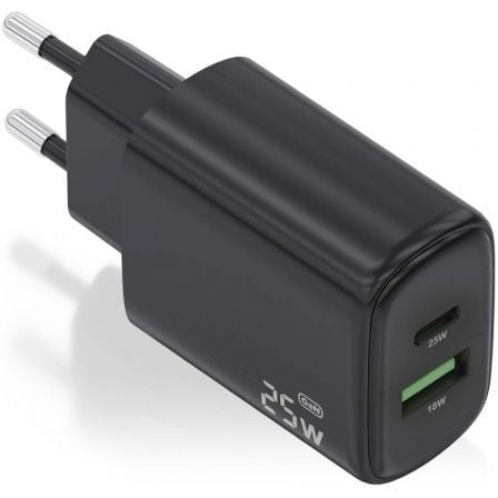 Carregador de Parede GaN Aisens A110-0912/ 1xUSB Tipo-C/ 1xUSB/ 25W/ Preto