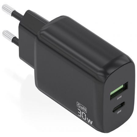 Carregador de Parede GaN Aisens A110-0924/ 1xUSB Tipo-C/ 1xUSB/ 30W/ Preto