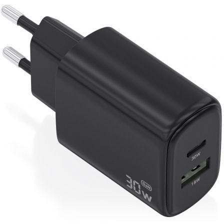 Carregador de Parede GaN Aisens A110-0978/ 1xUSB Tipo-C/ 1xUSB/ 30W/ Preto