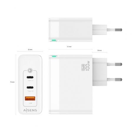 Carregador de Parede GaN Aisens ASCH-100W3P008-W/ 2xUSB Tipo-C/ 1x USB/ 100W - Imagem 4
