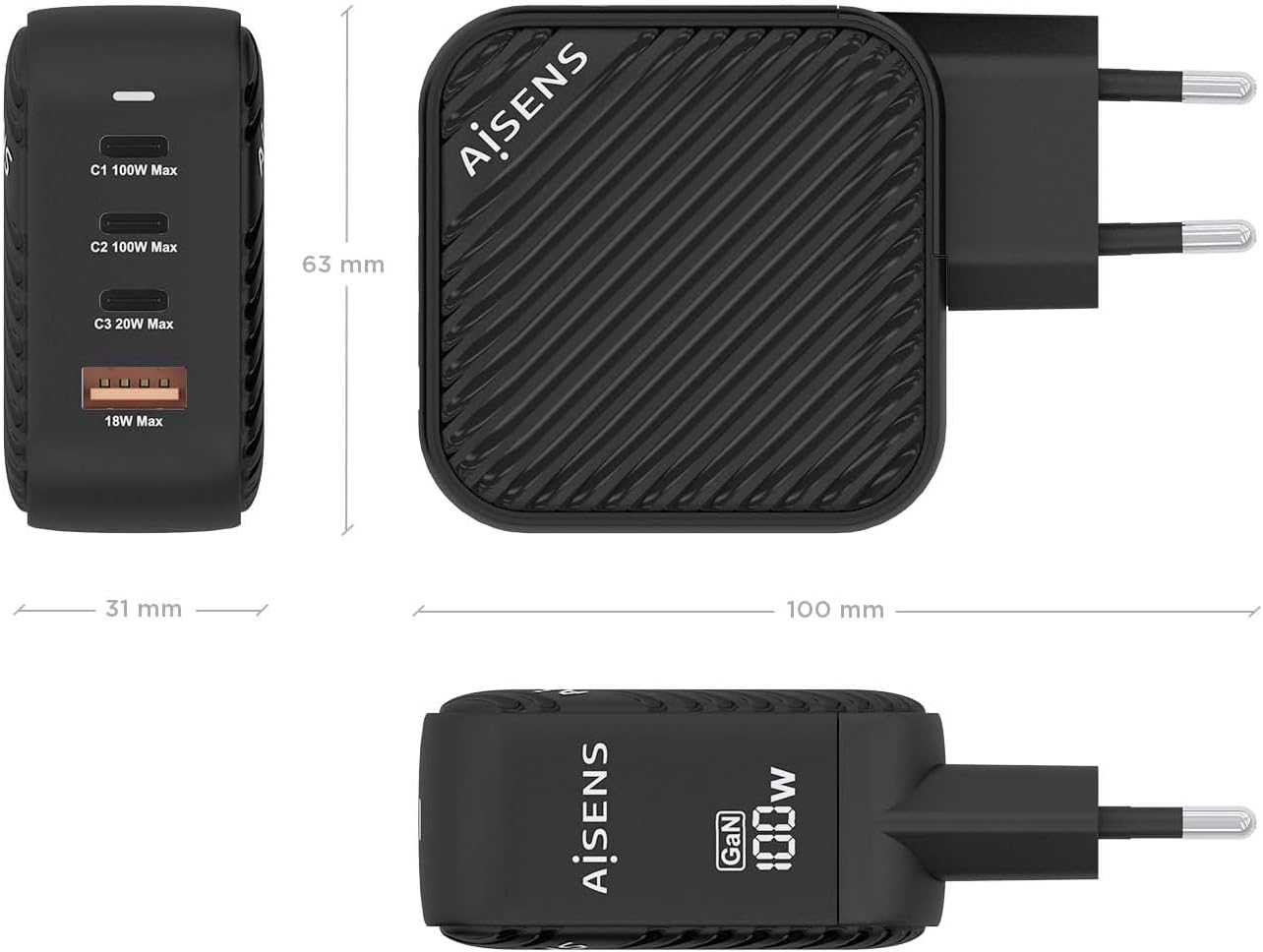 Carregador de Parede GaN Aisens ASCH-100W4P029-BK/ 3xUSB Tipo-C/ 1x USB/ 100W - Imagem 4