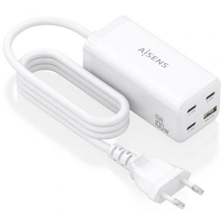 Carregador de Secretária GaN Aisens ASCH-100W4P053-W/ 3xUSB Tipo-C/ 1xUSB/ 100W