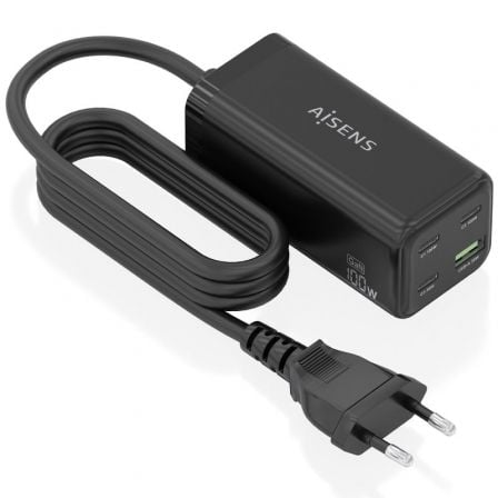 Carregador de Secretária GaN Aisens ASCH-100W4P054-BK/ 3xUSB Tipo-C/ 1xUSB/ 100W