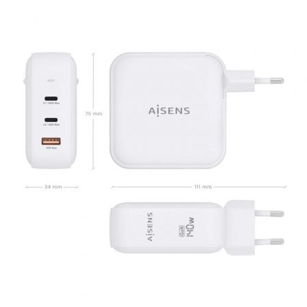 Carregador de Parede GaN Aisens ASCH-140W3P030-W/ 2xUSB Tipo-C/ 1xUSB/ 140W - Imagem 4