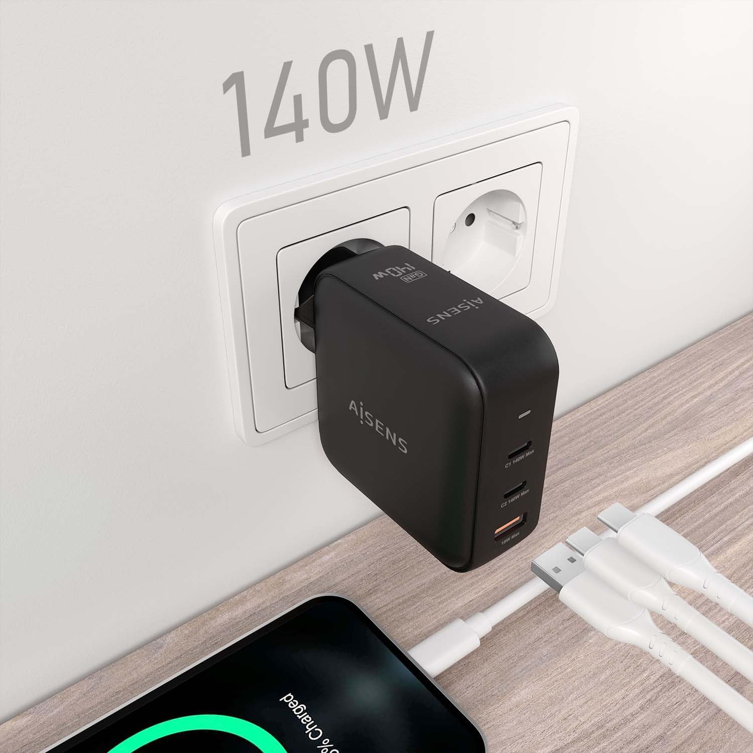 Carregador de Parede GaN Aisens ASCH-140W3P031-BK/ 2xUSB Tipo-C/ 1xUSB/ 140W - Imagem 5