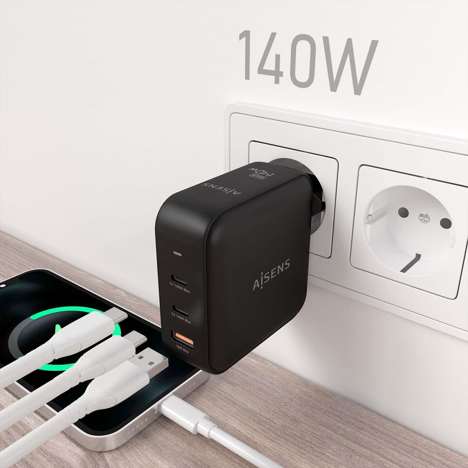 Carregador de Parede GaN Aisens ASCH-140W3P031-BK/ 2xUSB Tipo-C/ 1xUSB/ 140W - Imagem 6