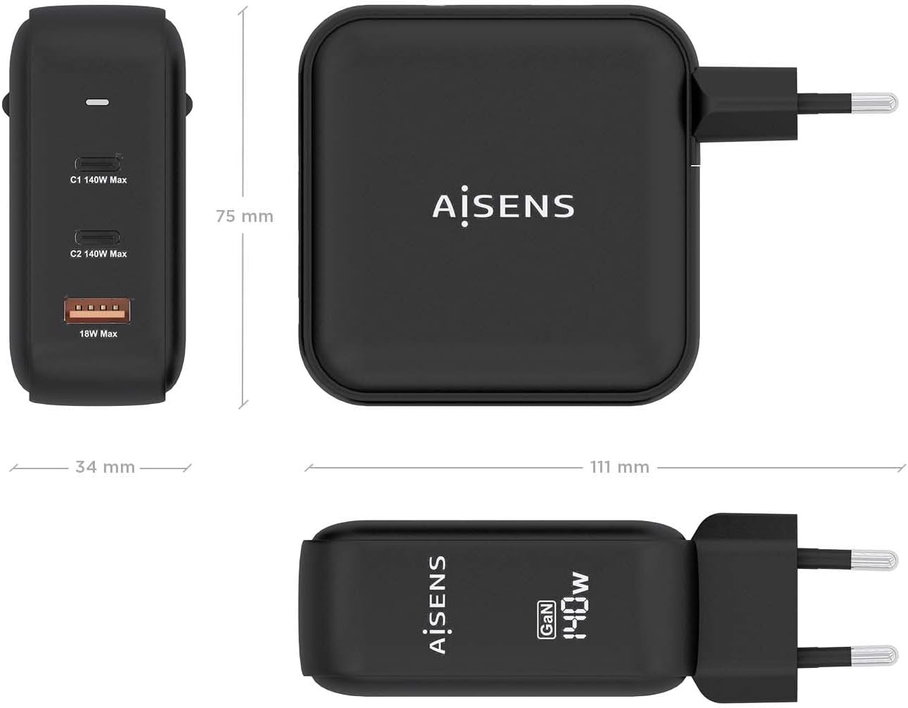 Carregador de Parede GaN Aisens ASCH-140W3P031-BK/ 2xUSB Tipo-C/ 1xUSB/ 140W - Imagem 4