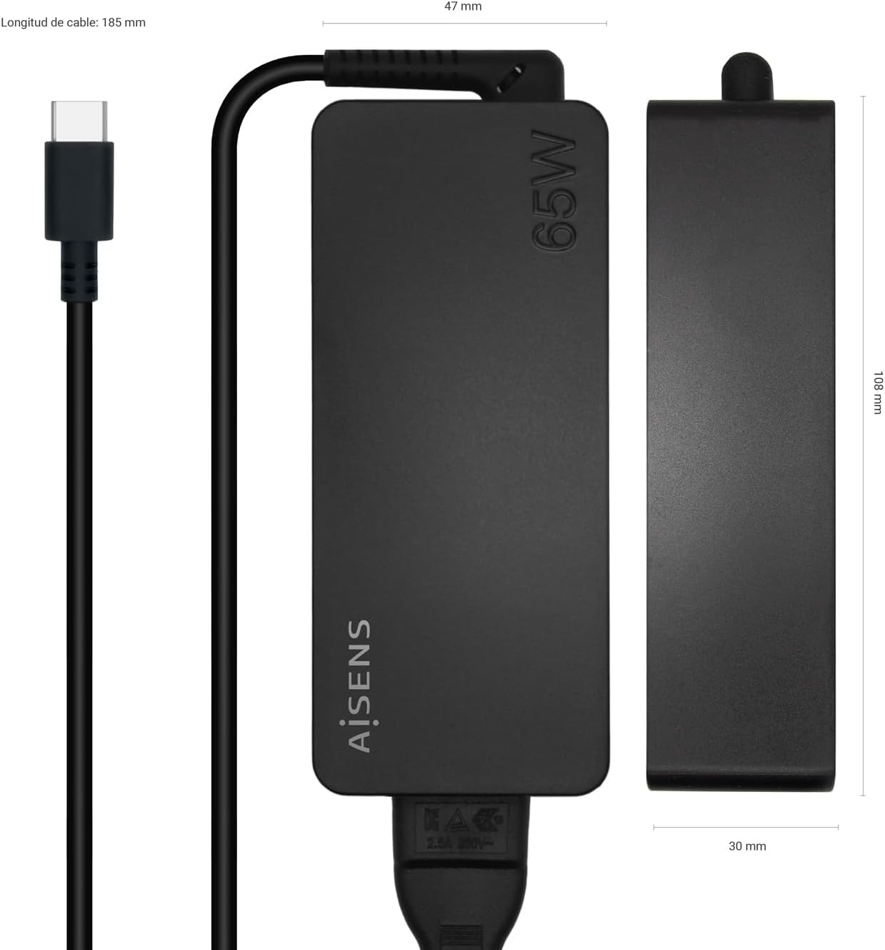 Carregador de Portátil Aisens ASCH-1PD65D-BK/ 1xUSB Tipo-C/ 65W - Imagem 3
