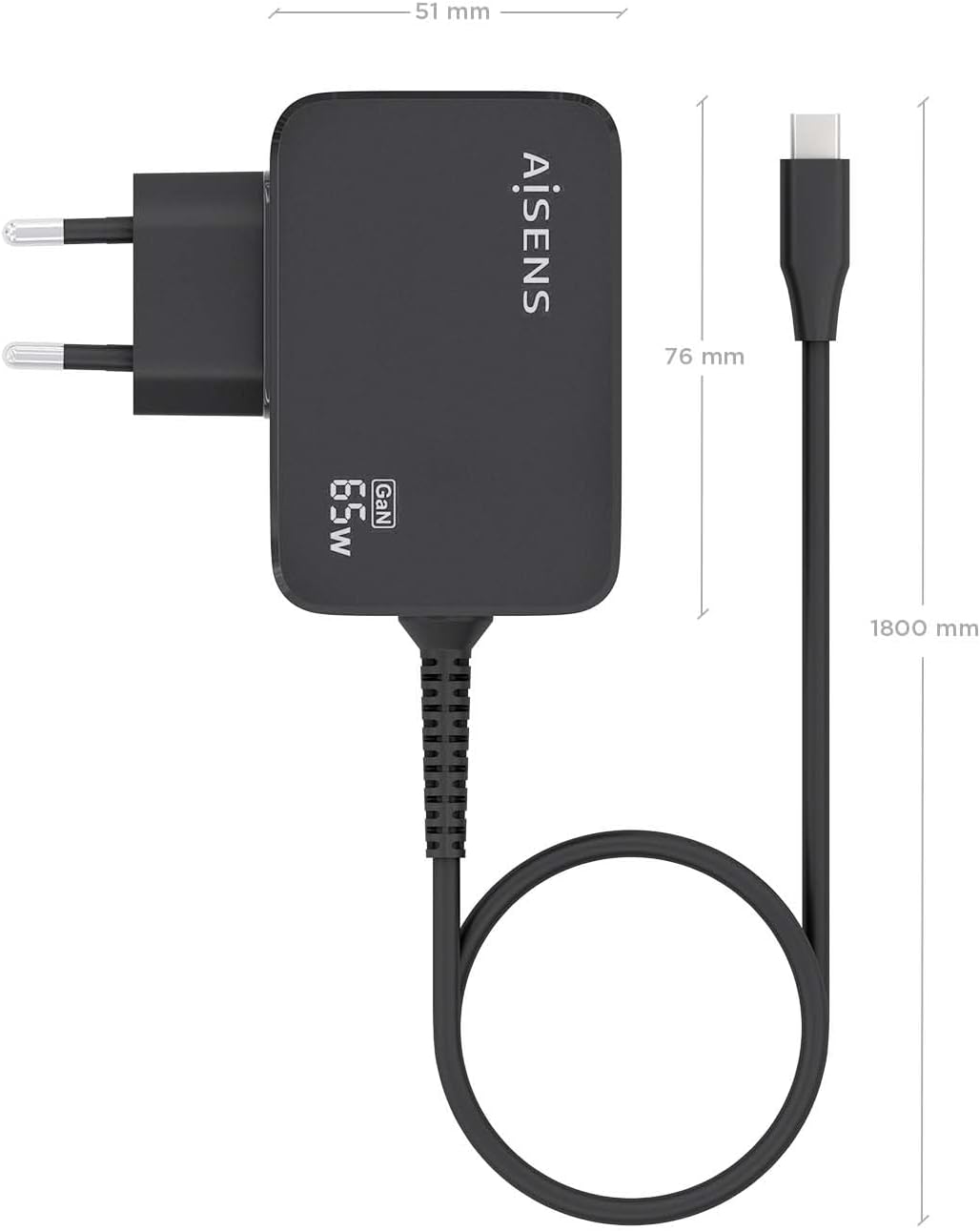 Carregador de Parede GaN Aisens ASCH-1PD65WL033-BK/ 1xUSB Tipo-C + Cabo 1.8m/ 65W - Imagem 4