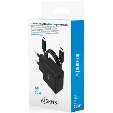 Carregador de Parede AISENS ASCH-20W1P082-BK GaN 20W USB-C PD 3.0 com Cabo USB-C 1m Preto - Imagem 4