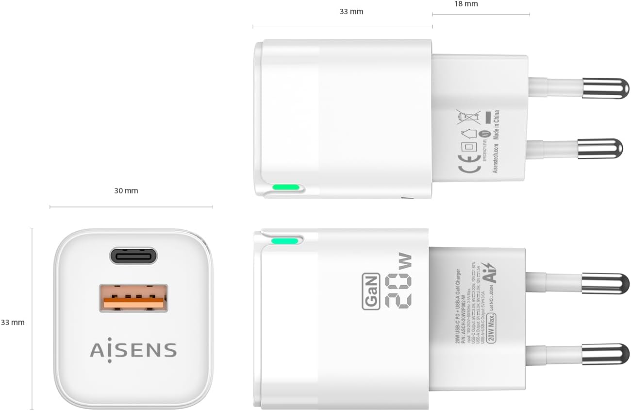 Carregador de Parede GaN Aisens ASCH-20W2P002-W/ 1xUSB Tipo-C/ 1xUSB/ 20W - Imagem 4