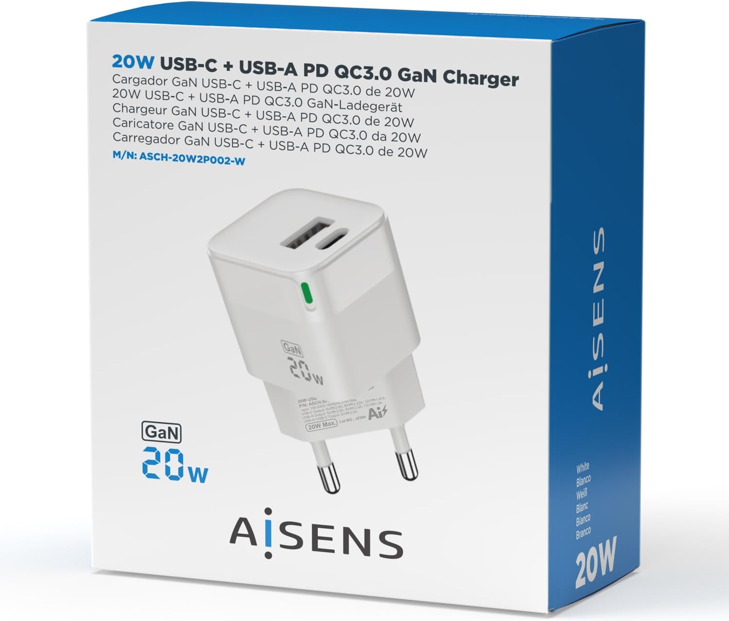 Carregador de Parede GaN Aisens ASCH-20W2P002-W/ 1xUSB Tipo-C/ 1xUSB/ 20W - Imagem 5