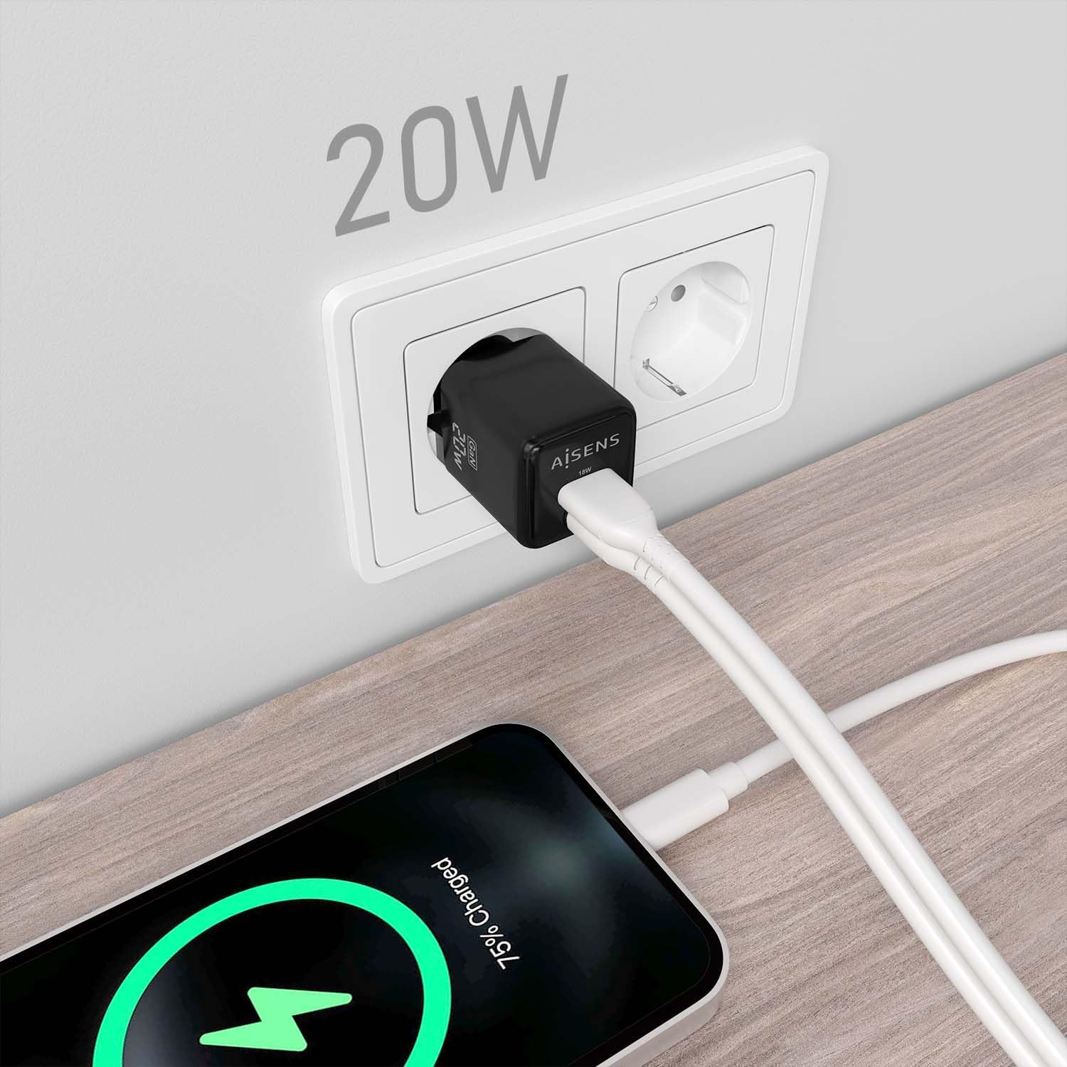 Carregador de Parede GaN Aisens ASCH-20W2P011-BK/ 1xUSB Tipo-C/ 1xUSB/ 20W - Imagem 5