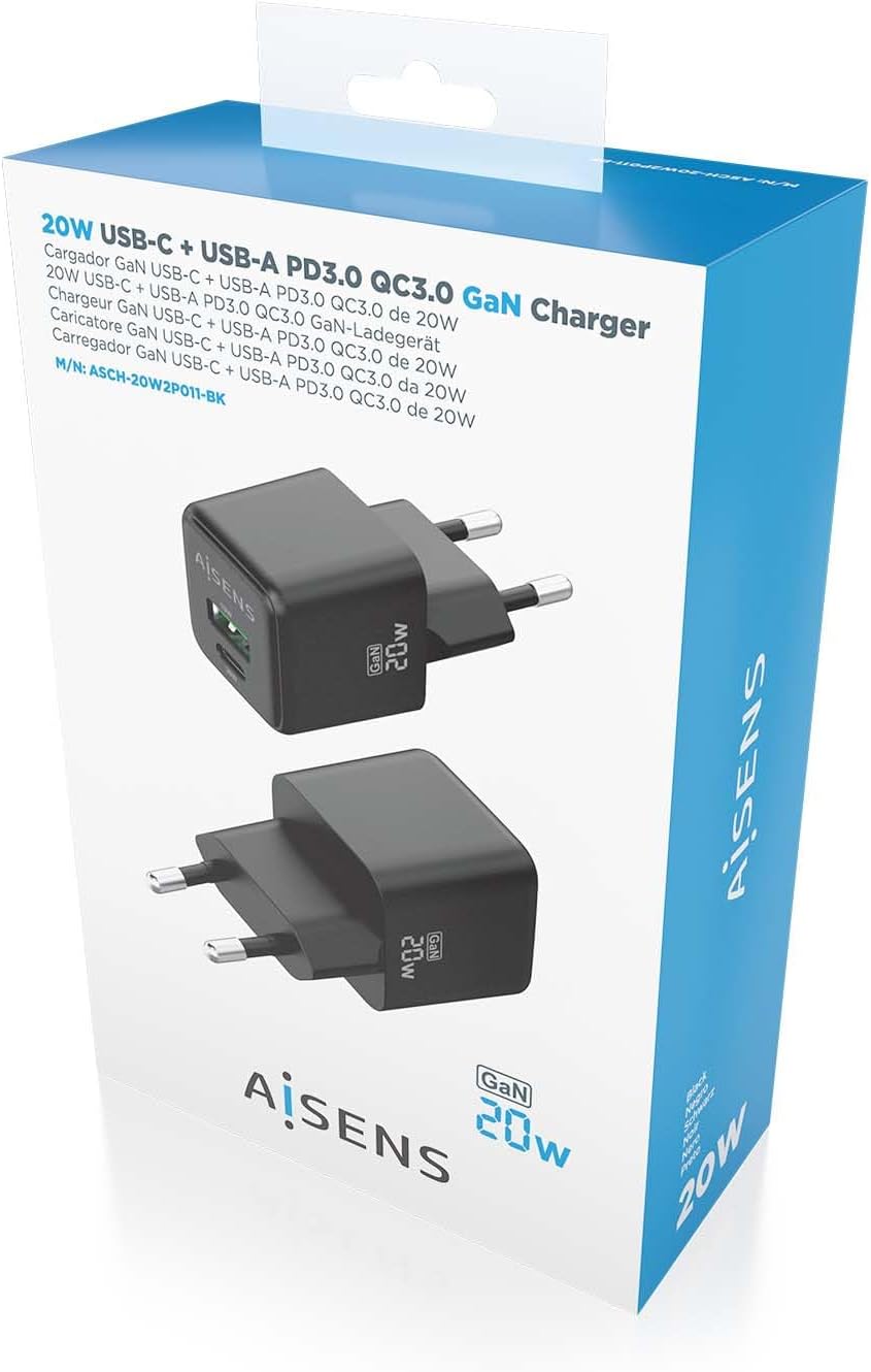 Carregador de Parede GaN Aisens ASCH-20W2P011-BK/ 1xUSB Tipo-C/ 1xUSB/ 20W - Imagem 6