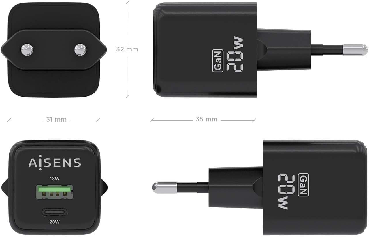 Carregador de Parede GaN Aisens ASCH-20W2P011-BK/ 1xUSB Tipo-C/ 1xUSB/ 20W - Imagem 4