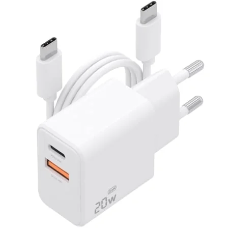 Carregador de Parede AISENS ASCH-20W2P083-W GaN 20W USB-C e USB-A com Cabo USB-C 1m Branco - Imagem 2