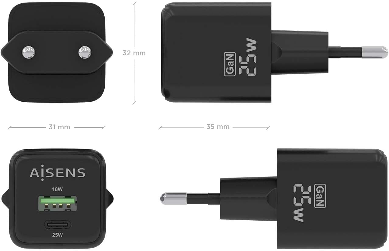 Carregador de Parede GaN Aisens ASCH-25W2P015-BK/ 1xUSB Tipo-C/ 1xUSB/ 25W - Imagem 4